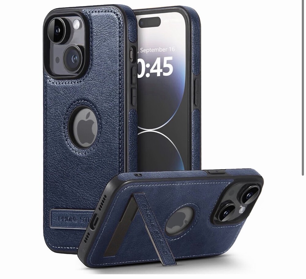 Luxury Leather Case for iPhone 15 Plus Shockproof Slim Cover With Kickstand Blue